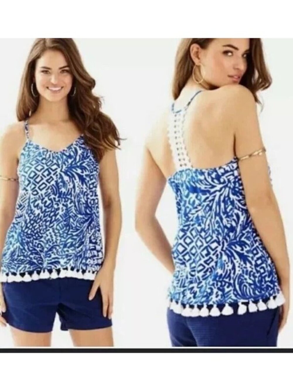Lilly Pulitzer Nya Tunic Tank Tee Top Crochet Back Tassels XS